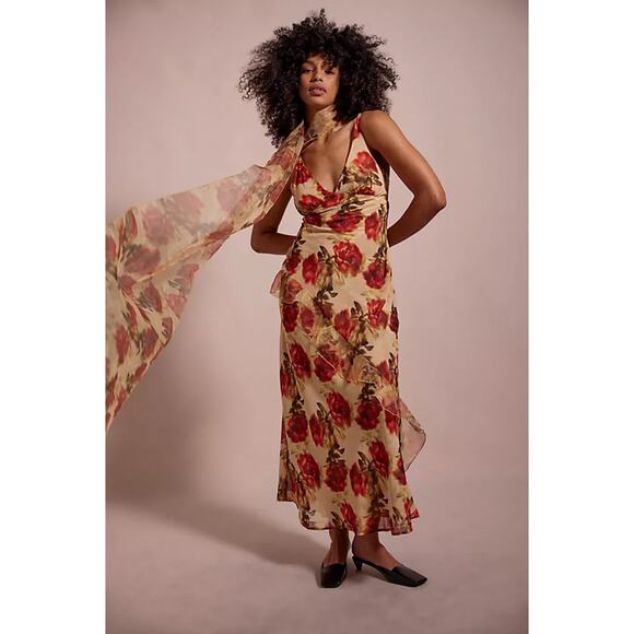 New For Love & Lemons Floral Stems Chiffon Scarf Maxi‎ Dress Red Roses Medium - Picture 2 of 9